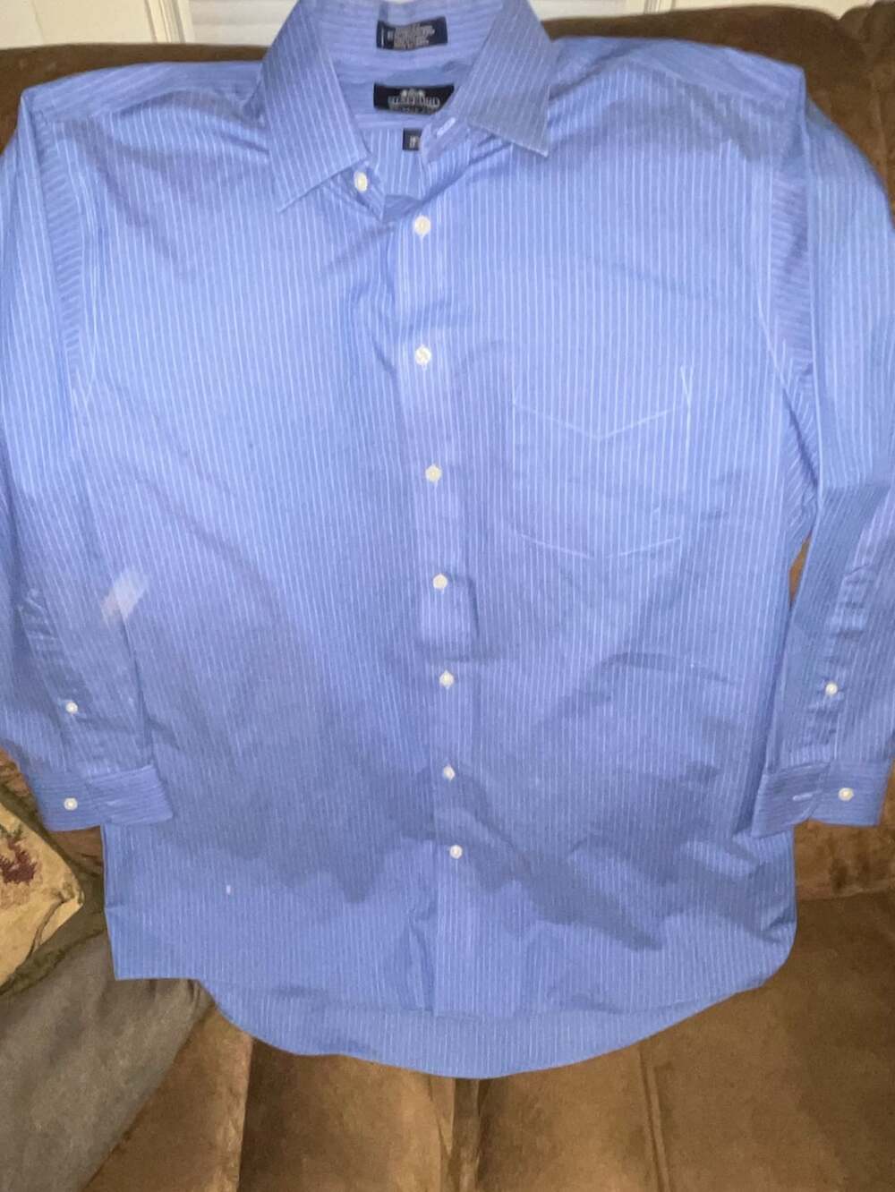 Stafford Super Shirt Wrinkle Free Blue Stripe LS  Shirt Size 16.5 32-33